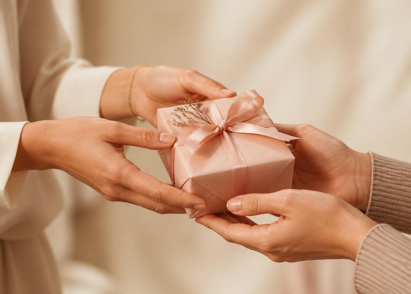 Two people exchanging a blush pink wrapped gift